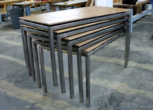 stacked tables in the shop